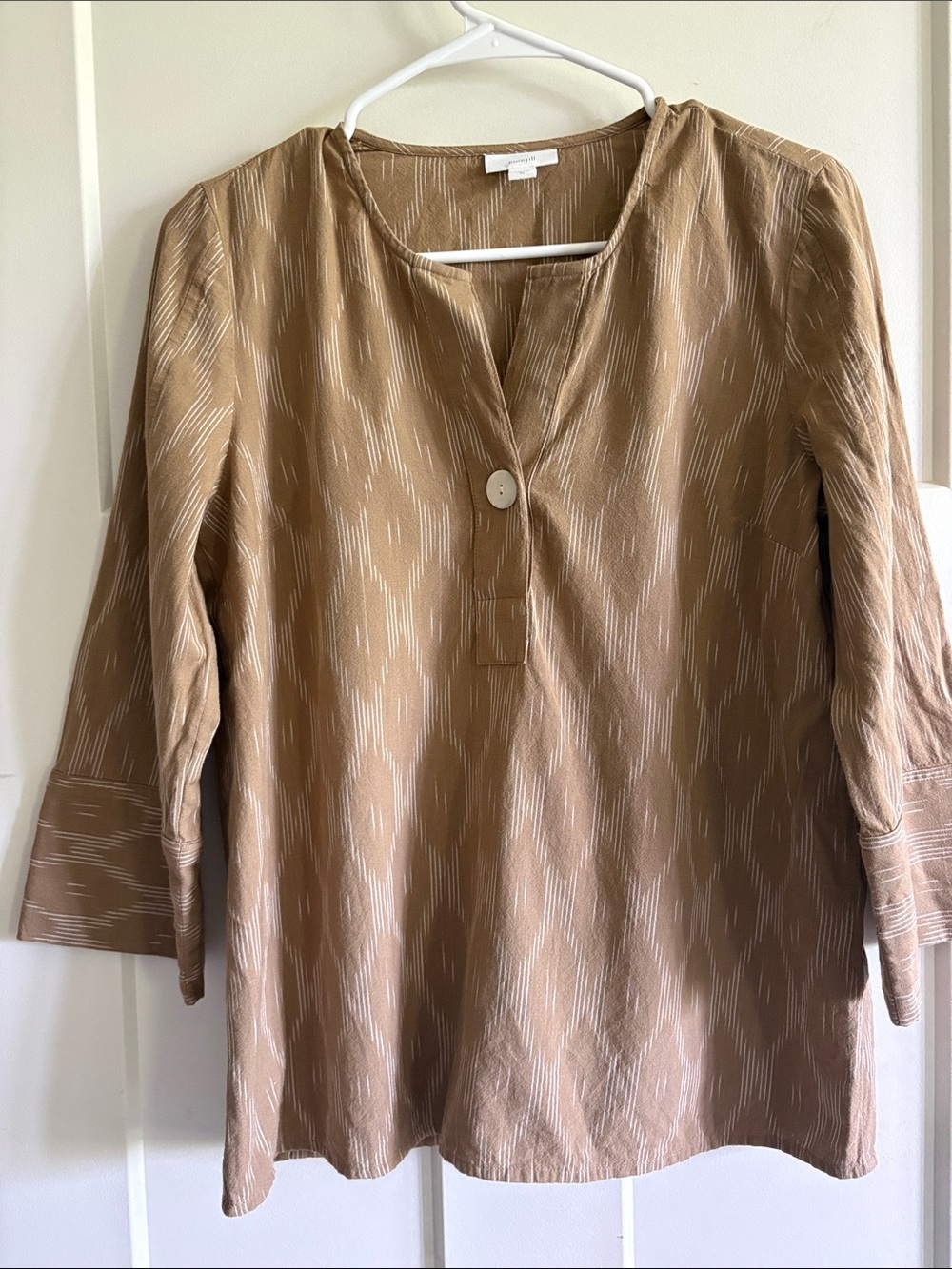 Pure Jill XS 100%cotton ikat pattern brown tunic made in India lagenlook button